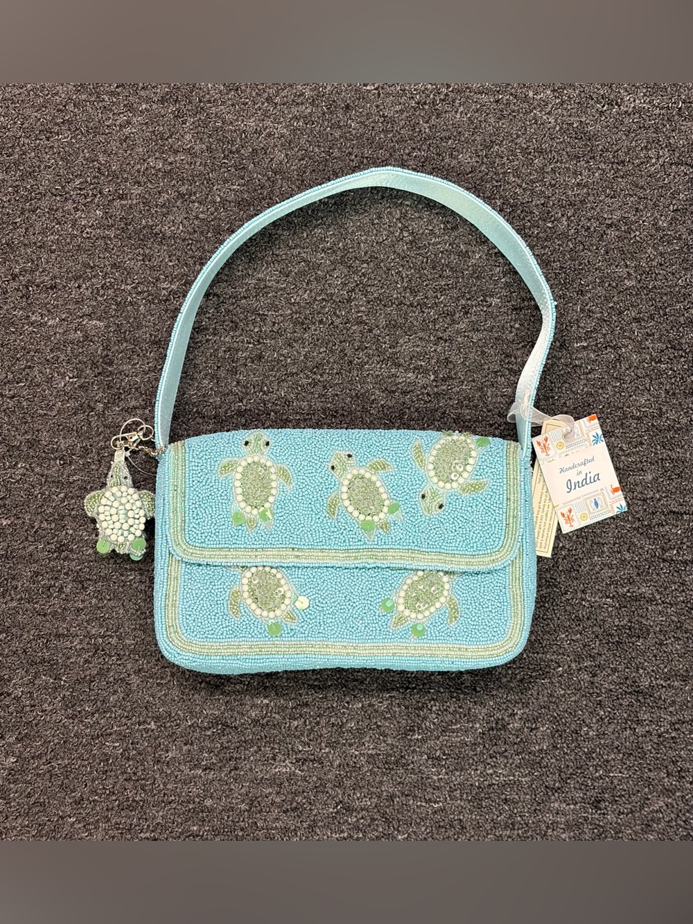 Handcrafted in India Blue Beaded Turtle Shoulder Bag w/ Beaded Charm